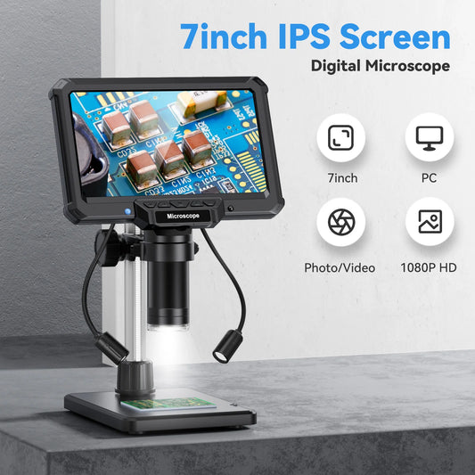 7 Inch Digital Microscope 1200X – 16MP HD Inspection Camera for PCB Repair, Coin Collecting & Soldering with LED Lights & PC View Support