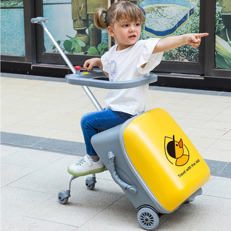 Kids Ride-On Luggage with Wheels – Sit and Ride Yellow Trolley Suitcase for Boys & Girls, Baby Walking Travel Box