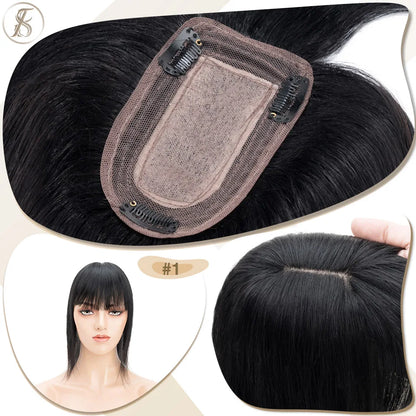TESS Women Human Hair Topper With Bangs - 7x12.5cm Silk Base Clip In Hair Extension Natural Wigpiece