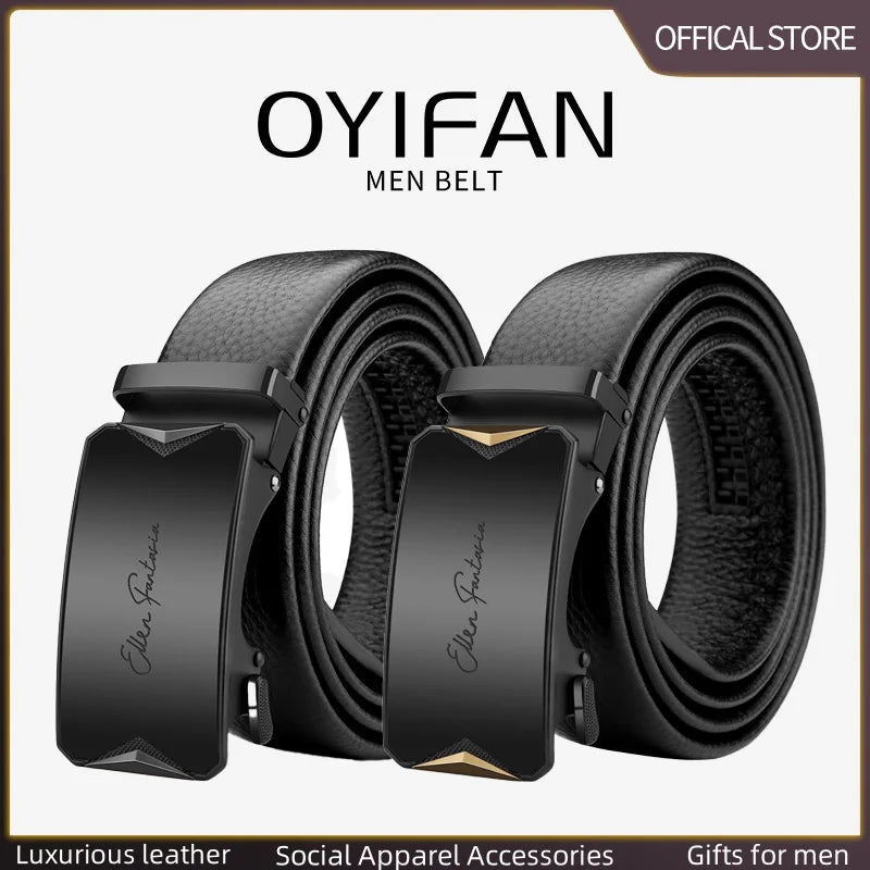 OYIFAN Men’s Genuine Leather Belt – Designer Alloy Buckle Automatic Ratchet Belt