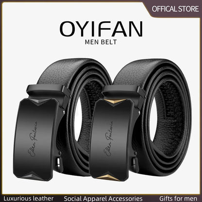 OYIFAN Men’s Genuine Leather Belt – Designer Alloy Buckle Automatic Ratchet Belt