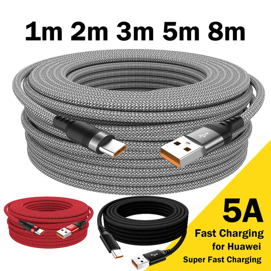 USB Type-C Cable 5A Super Fast Charge - 3m, 5m, and 8m Extension Cables for Huawei, Samsung, Xiaomi, Oppo, OnePlus, and Universal Use