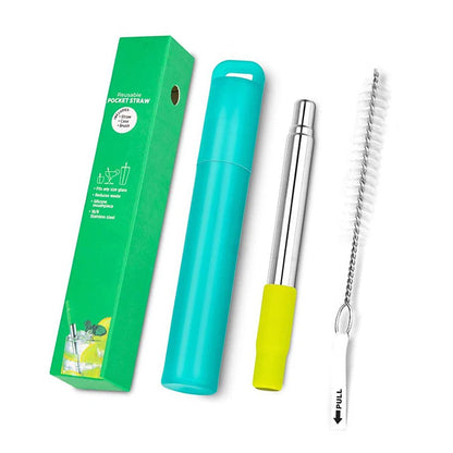 Telescopic Stainless Steel Reusable Drinking Straws - Folding Straw Set with Case and Cleaning Brush - Camping and Travel Straw