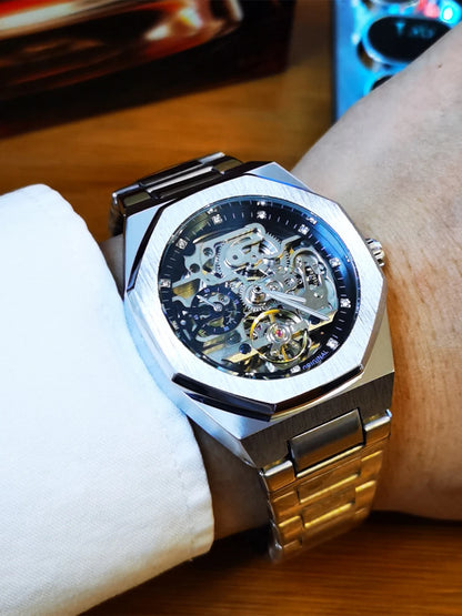Forsining Men’s Automatic Mechanical Watch – Luminous Hands, Stainless Steel Strap, Luxury Skeleton Fashion Watch