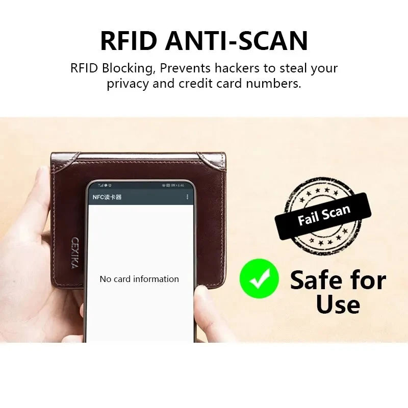 Men’s Genuine Leather RFID Blocking Trifold Wallet – Short Business Wallet with ID Window & Credit Card Holder Slim Men’s Purse