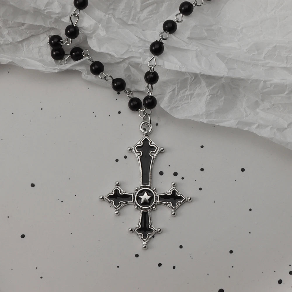 Gothic Bat Cross Necklace Set - Y2K Thorn Love Black Beaded Layered Jewelry for Halloween Parties