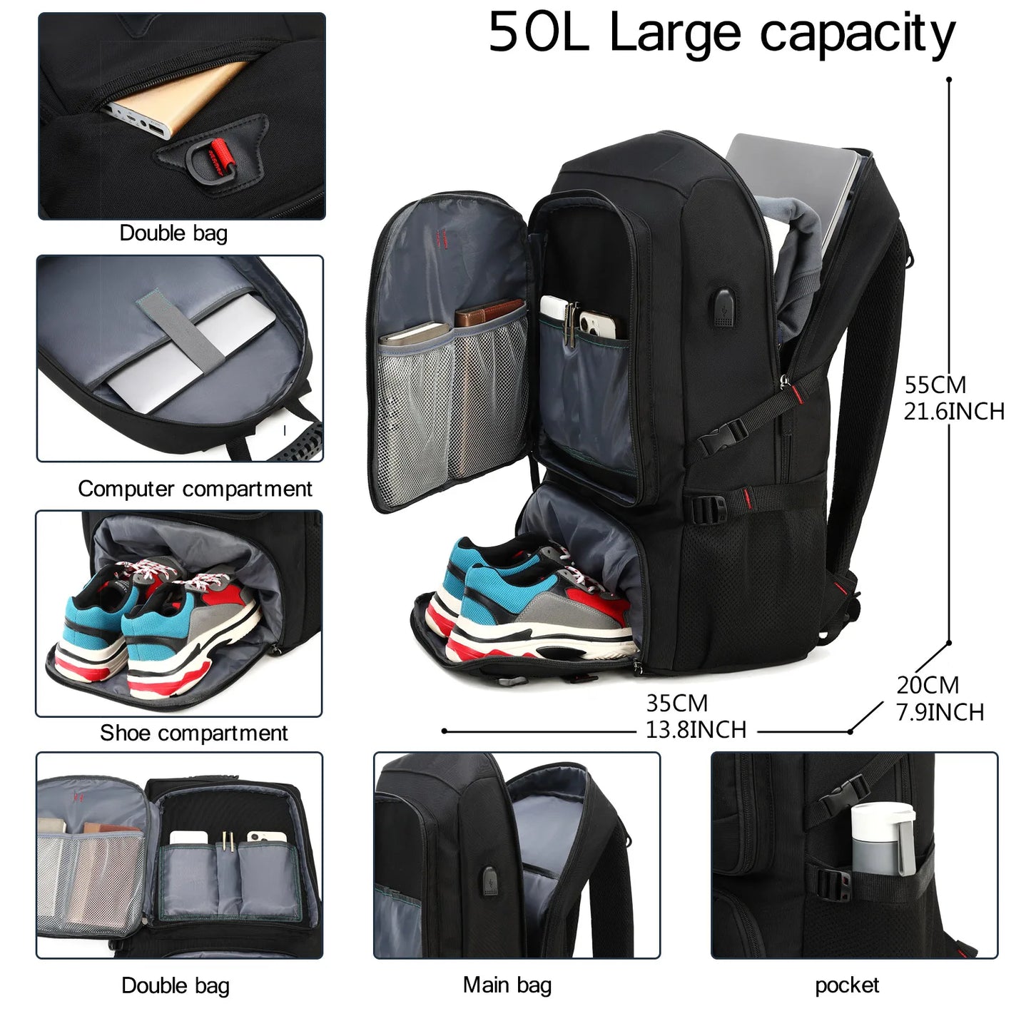 Men's 50L Waterproof Travel Backpack | Large Capacity Hiking and Camping Backpack | Carrying Bag with Shoe Compartment