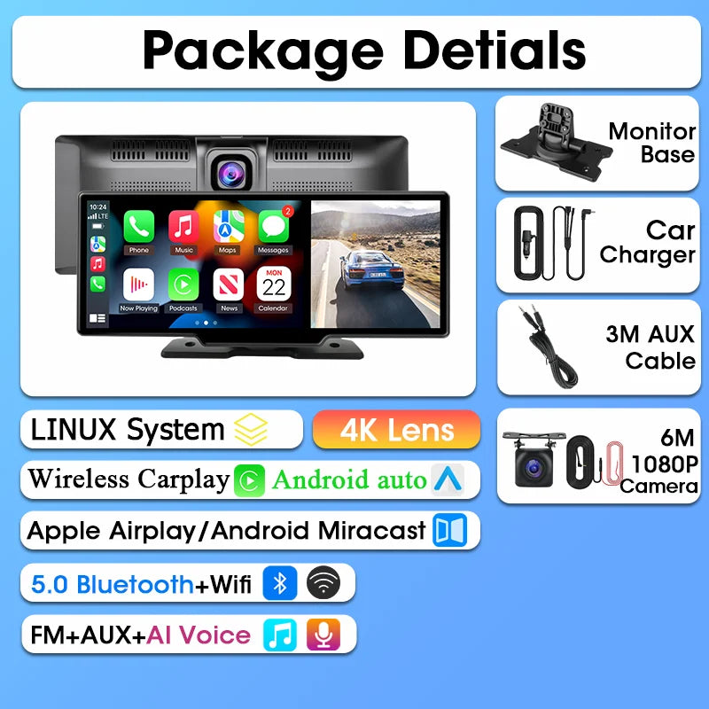 Srnubi 10.26 Inch Dash Cam Rearview Mirror - CarPlay & Android Auto DVR with GPS Navigation, Video Dashboard Monitor