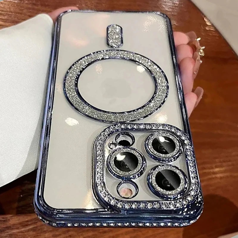 Glitter Diamond Clear Magnetic iPhone Case - Transparent Bumper Cover with Wireless Charging Support for iPhone 12–18 Pro Max & Plus