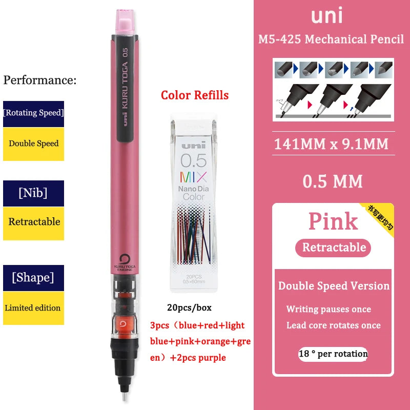 UNIStationery Automatic Mechanical Pencil — 0.5mm Anti-Slip Grip, Rotating Refillable Pen with Anti-Break Core