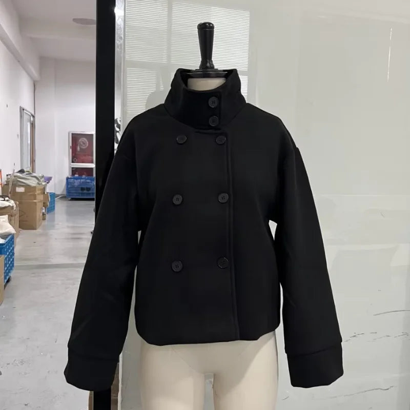 Women’s Short Woolen Coat - Stand Collar Loose Zipper Jacket for Spring Autumn Fashion Outerwear