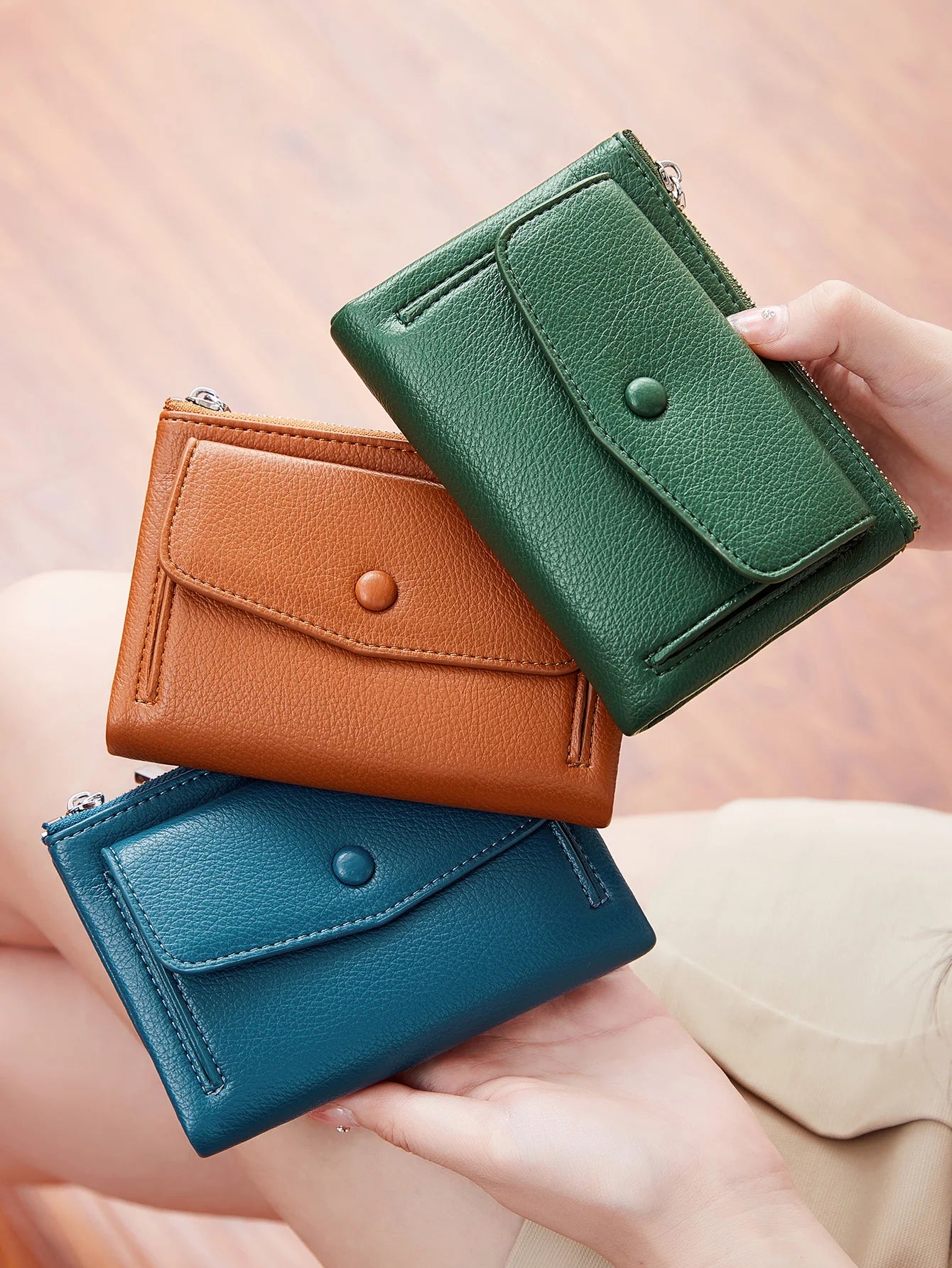 Women’s PU Leather Short Double Zipper Wallet – Simple Solid Color, Large Capacity Credit Card Holder with Coin Pocket