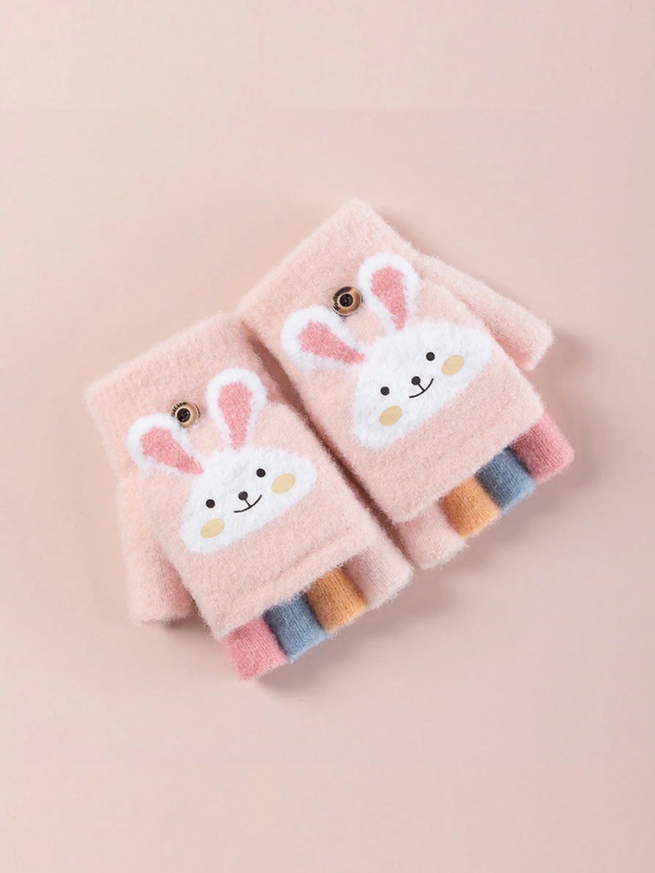 Half-Finger Gloves with Flip-Top Cover - Girls’ Winter Rabbit Fleece Gloves for Writing, Warm Cotton Handwear