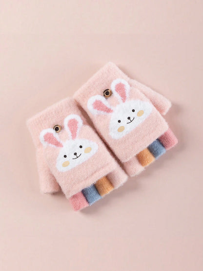 Half-Finger Gloves with Flip-Top Cover - Girls’ Winter Rabbit Fleece Gloves for Writing, Warm Cotton Handwear