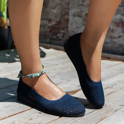 Women’s Round Toe Flat Shoes – Solid Color Knitted Slip-On Ballet Flats, Casual & Breathable Loafers