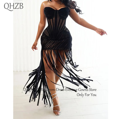 Customized Elegant Black Tassel Cocktail Dress – Women’s Sweetheart Long Prom Party Birthday Dress Summer 2025