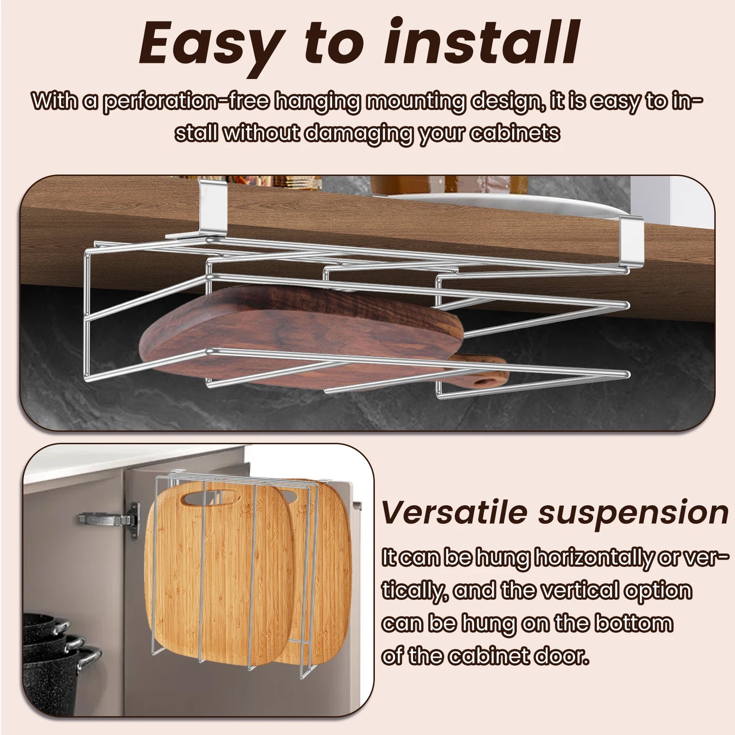 Under Cabinet Cutting Board Organizer – Stainless Steel Hanging Rack for Chopping Boards & Pot Lids