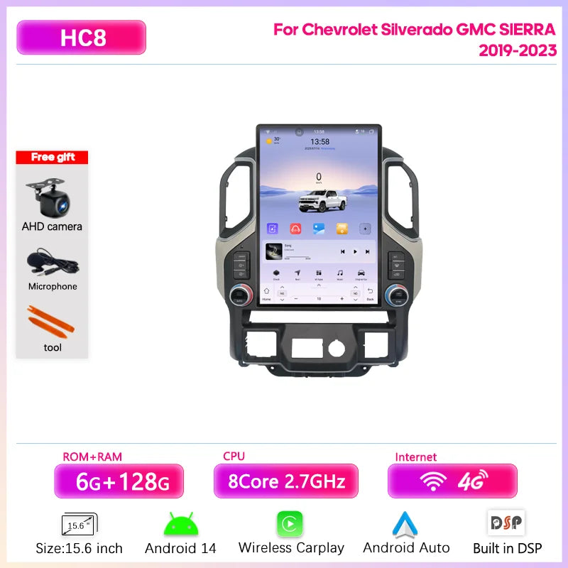 15.6" Car Multimedia Player - GPS Navigation, CarPlay, Android Auto, 4G & WiFi for Chevrolet Silverado & GMC Sierra 2019-2023