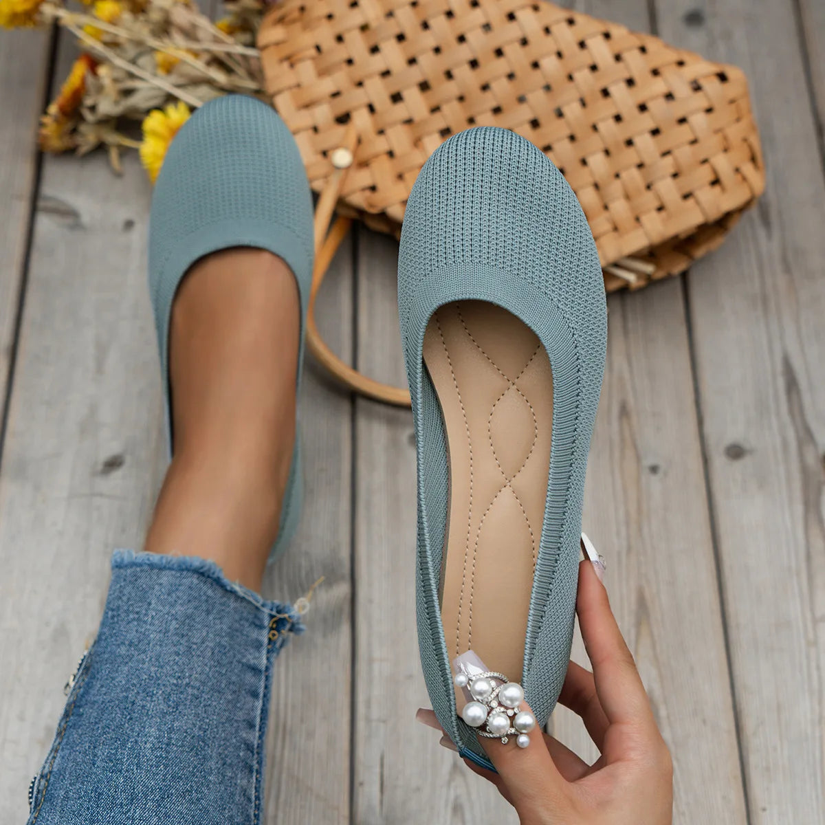 Women’s Round Toe Knit Flats – Comfortable Slip-On Ballet Shoes, Casual Office Moccasins & Plus Size Boat Shoes