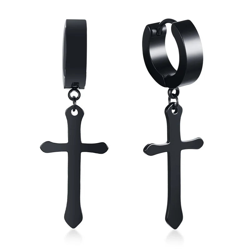 Stainless Steel Cross Charm Earrings - Men's Fashion Jewelry