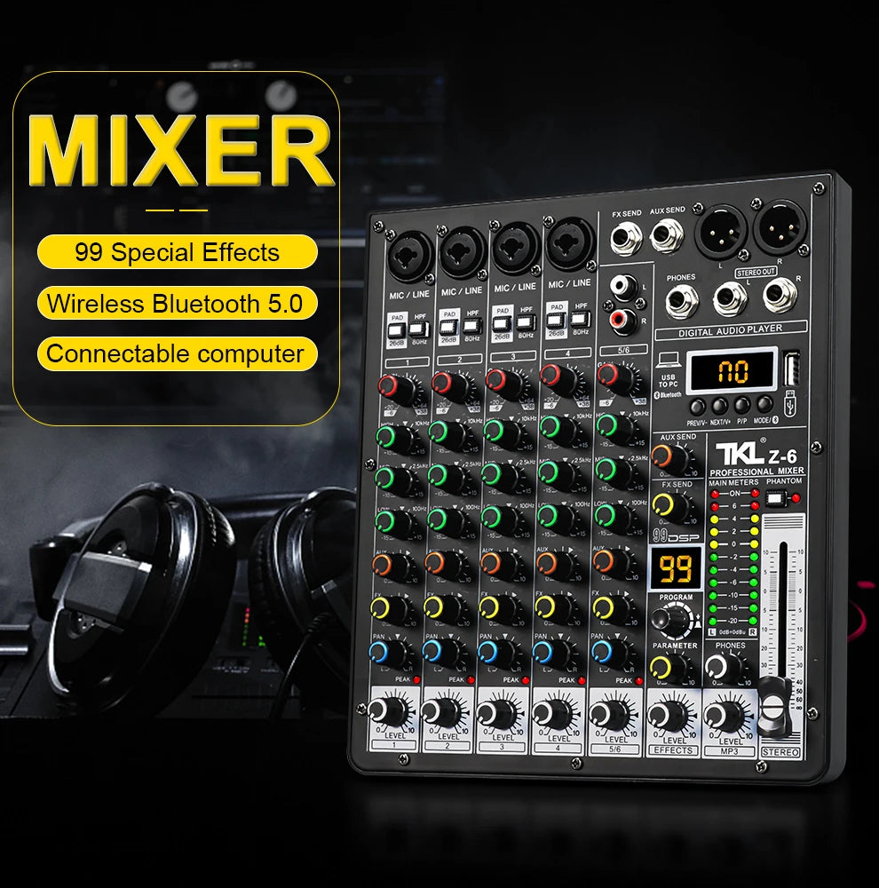 TKLBLS Professional 6 Channel Audio Mixer – 99 DSP Effects, 48V Phantom Power, USB, Bluetooth DJ Console for Studio & Karaoke