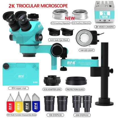 RF4 Trinocular Stereo Microscope Set – 360° Rotation Articulating Arm Stand, Phone Soldering & PCB Repair, Model RF7050TVPRO-F019
