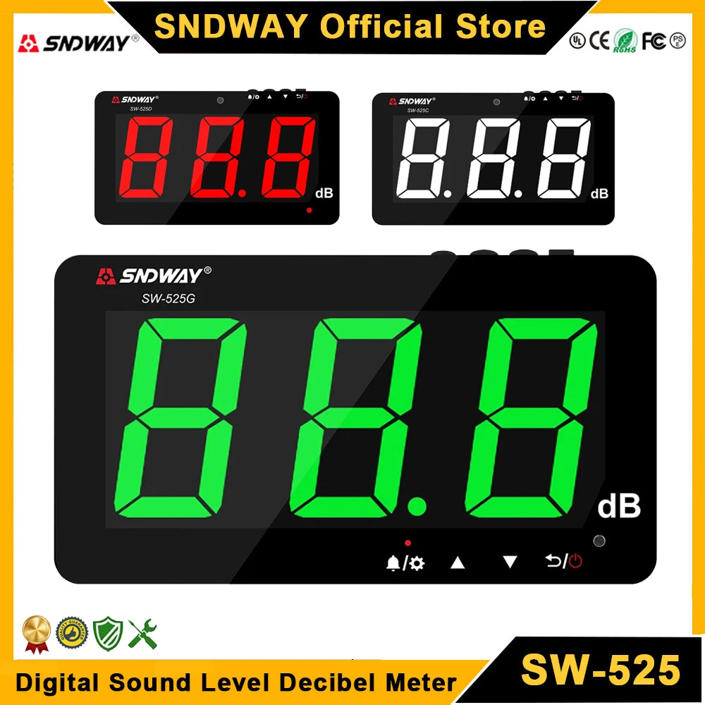 SNDWAY SW-525 Sound Level Meter — Wall-Mounted Digital Noise & Decibel Detector 30-130dB Professional dB Meter
