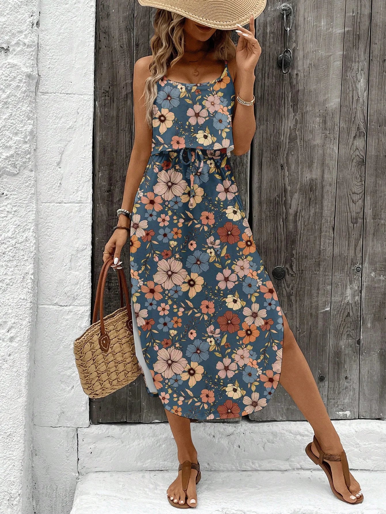 Women’s Summer Spaghetti Strap Dress - Sleeveless Flowy Casual Maxi Dress with Belt & Side Slit