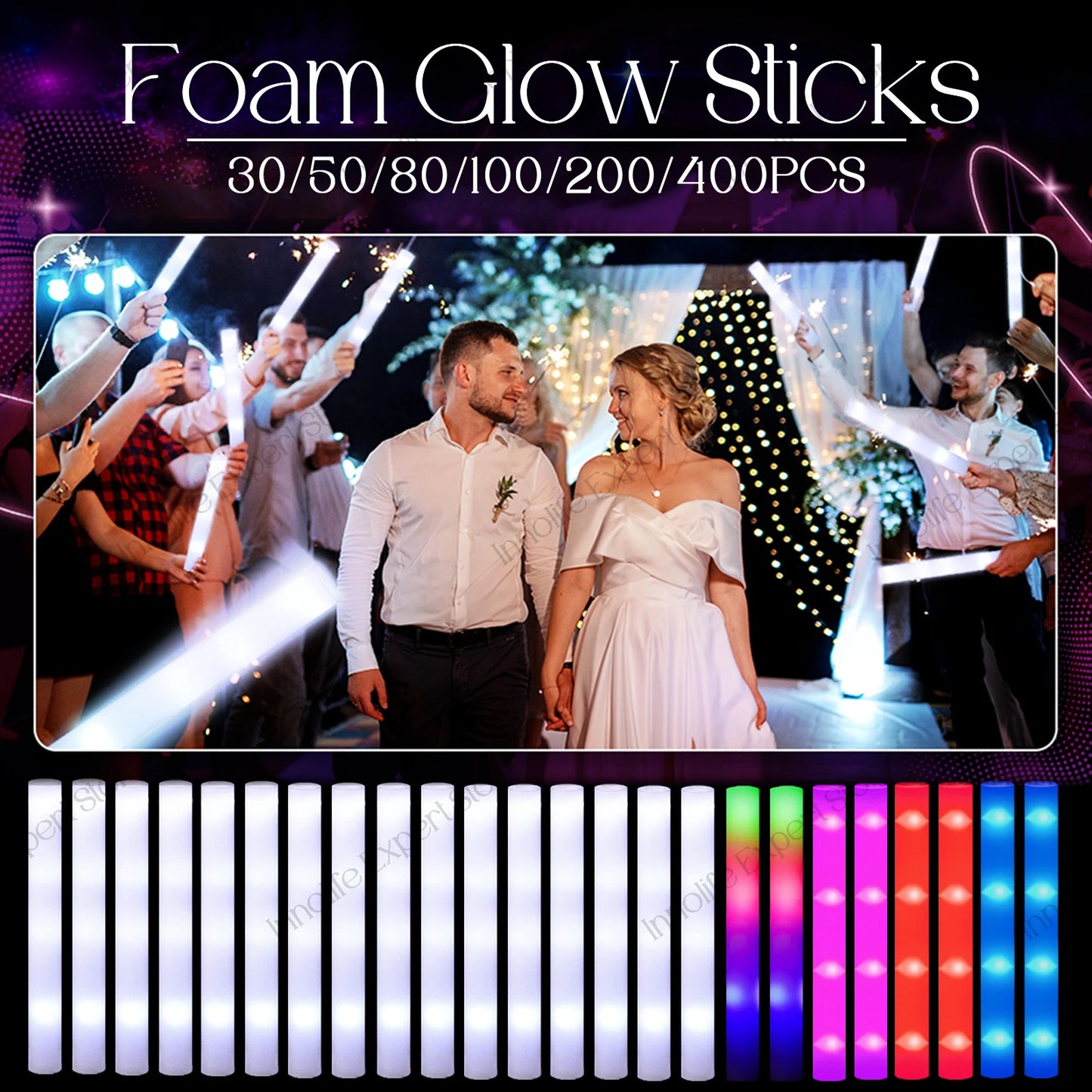 400-30PCS LED Foam Glow Sticks – 3 Modes Party Supplies for Weddings, Birthdays, Concerts, Halloween & Christmas