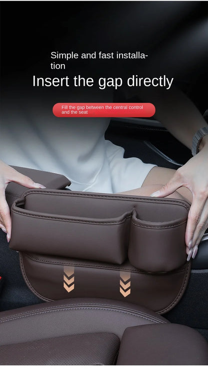 Leather Car Seat Gap Organizer – Multifunctional Crevice Filler with Cup Holder & Side Storage Pocket for Car Interior