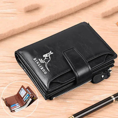 Luxury Leather Men’s Short Wallet – RFID Card Holder with Zipper Coin Purse Portable Billfold