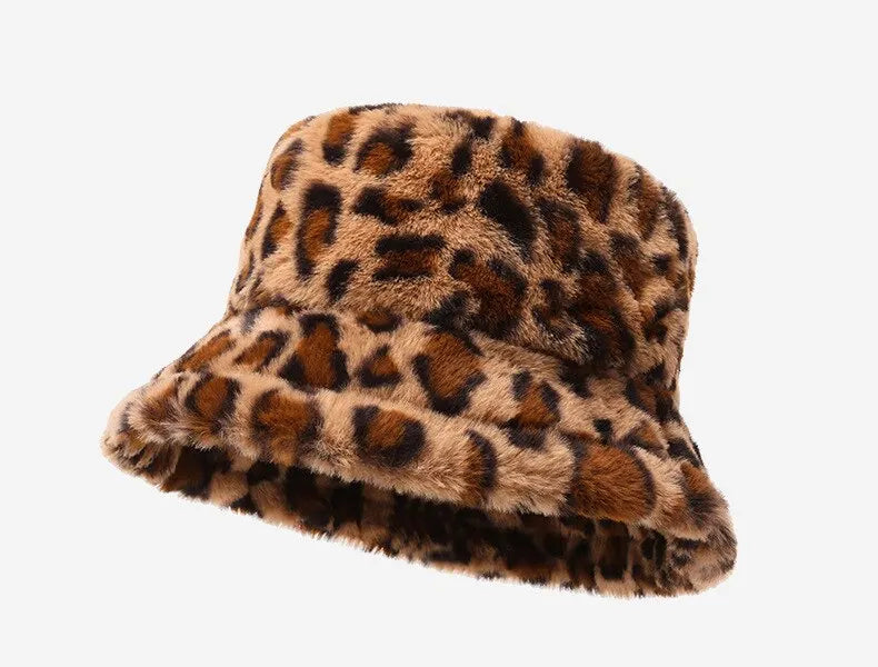Women’s Winter Leopard Print Fisherman Hat – Versatile Plush Bucket Hat, Warm Pot-Style Headwear