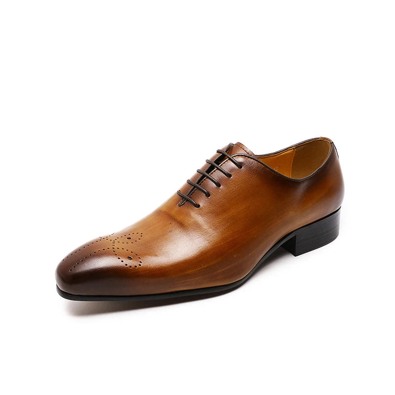 Men’s Genuine Leather Oxford Shoes - Whole Cut Pointed Toe Lace-Up Formal Business and Wedding Dress Shoes