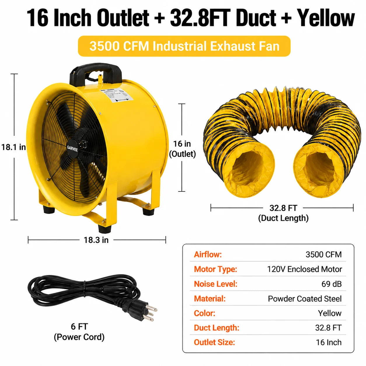 Portable Industrial Exhaust Fan - 3500 CFM Heavy-Duty Ventilation Blower with Flexible Duct for Workshop, Basement & Attic