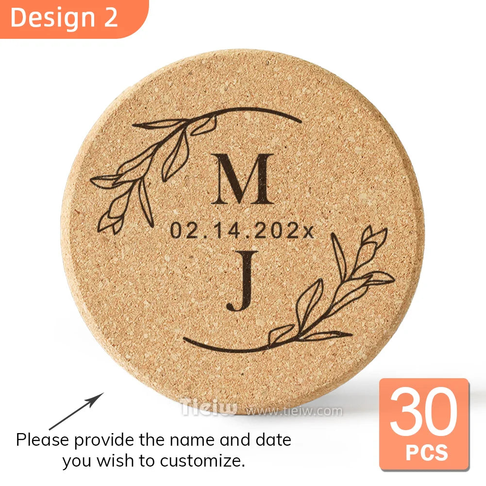 30-Piece Personalized Cork Coaster Set - Custom Tie Design Wedding Favors, Bridal Shower Gifts and Corporate Party Keepsakes