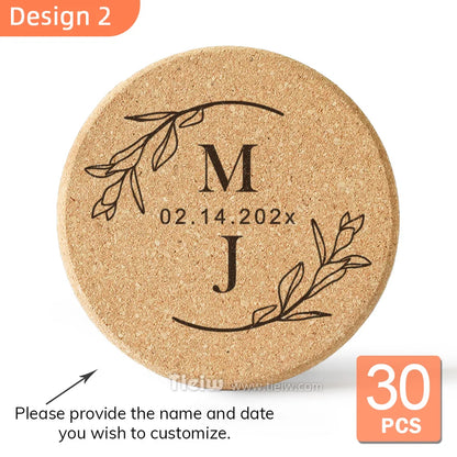 30-Piece Personalized Cork Coaster Set - Custom Tie Design Wedding Favors, Bridal Shower Gifts and Corporate Party Keepsakes