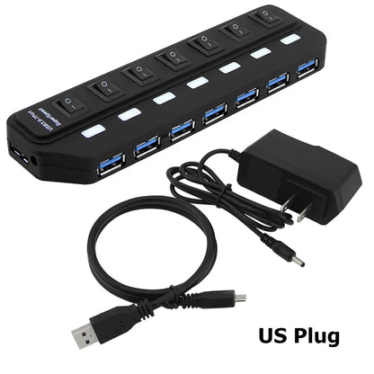 7-Port USB 3.0 Hub - High Speed 5Gbps Splitter with Power Switch & Long Cable for Multiple Device Expansion