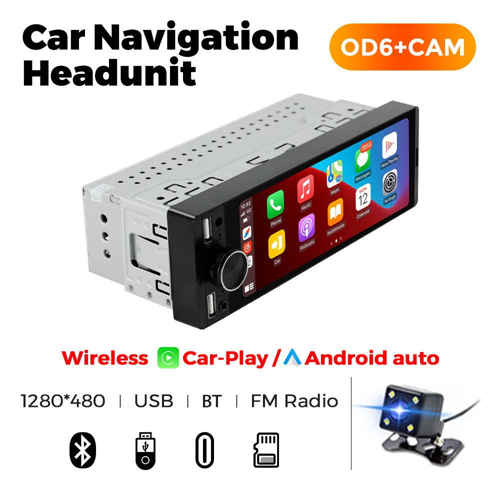 1DIN Universal 6.86" MP5 Car Radio – Wireless CarPlay Android Auto Multimedia Video Player with AUX, USB, SWC, Bluetooth & Touchscreen