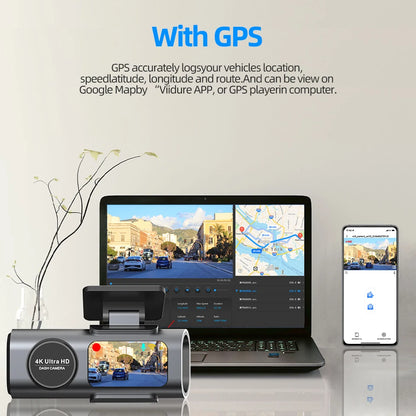 Dual Lens Dash Cam 4K UHD – Car Camera DVR with Night Vision, Wi-Fi, GPS, 24H Parking Monitoring
