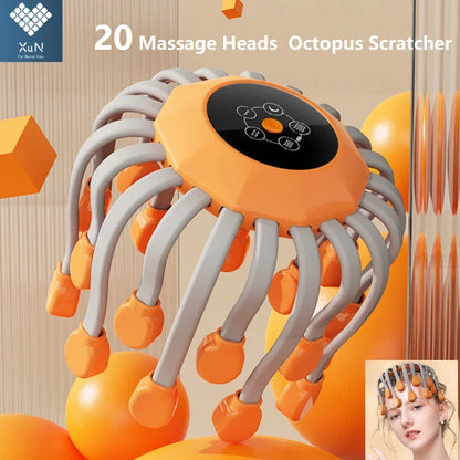 20-Head Orange Scalp Massager – Red Light Vibrating Octopus Scratcher for Relaxation, Stress Relief & Migraine Relief