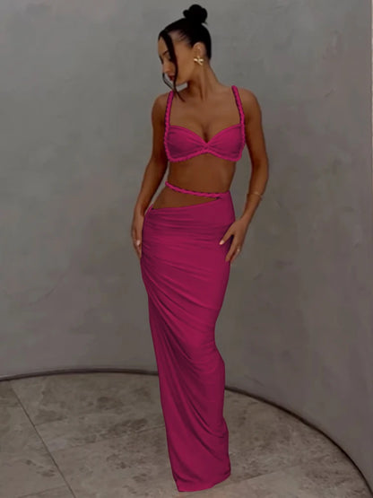 Women’s Woven Two-Piece Vacation Set – Pleated Crop Camisole & High Waist Maxi Skirt Sexy Summer Outfit Matching Set