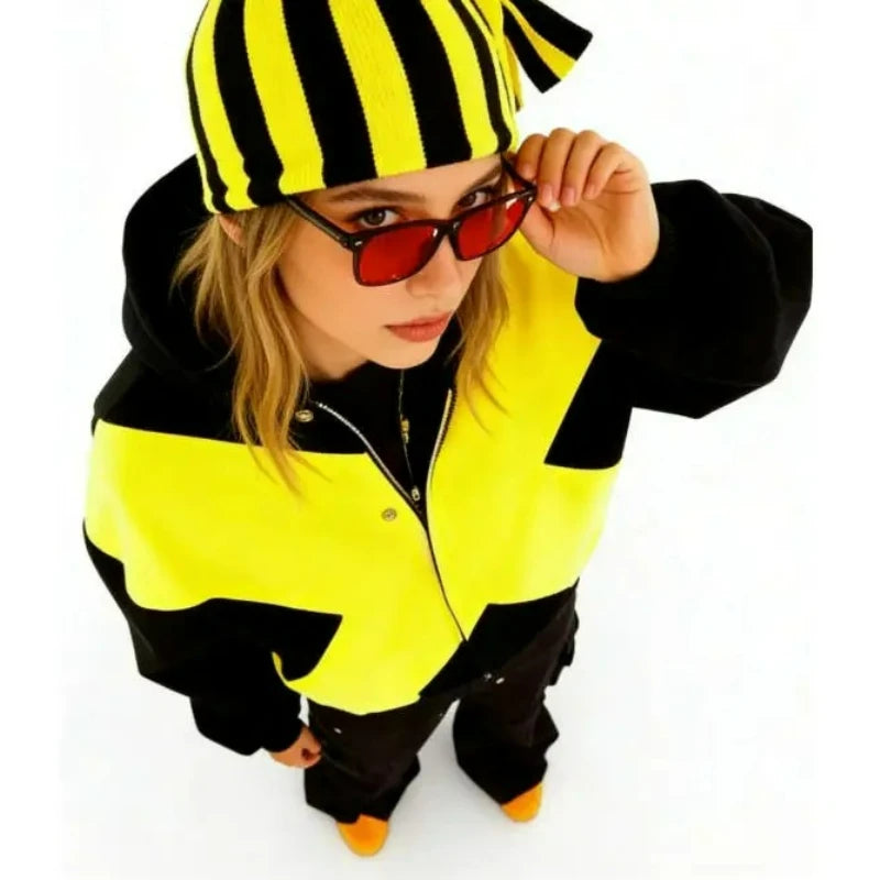 American Pattern Color Block Hoodie - Harajuku Punk Gothic Retro Loose Zipper Sweatshirt for Men