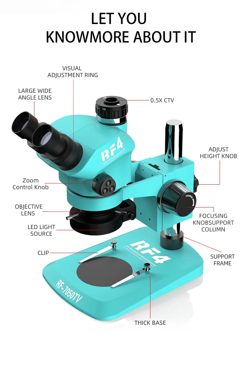 RF4 7-50X Trinocular Continuous Zoom Stereo Microscope – WF10X/22mm Eyepiece, Ideal for Mobile Phone PCB Welding & Repair