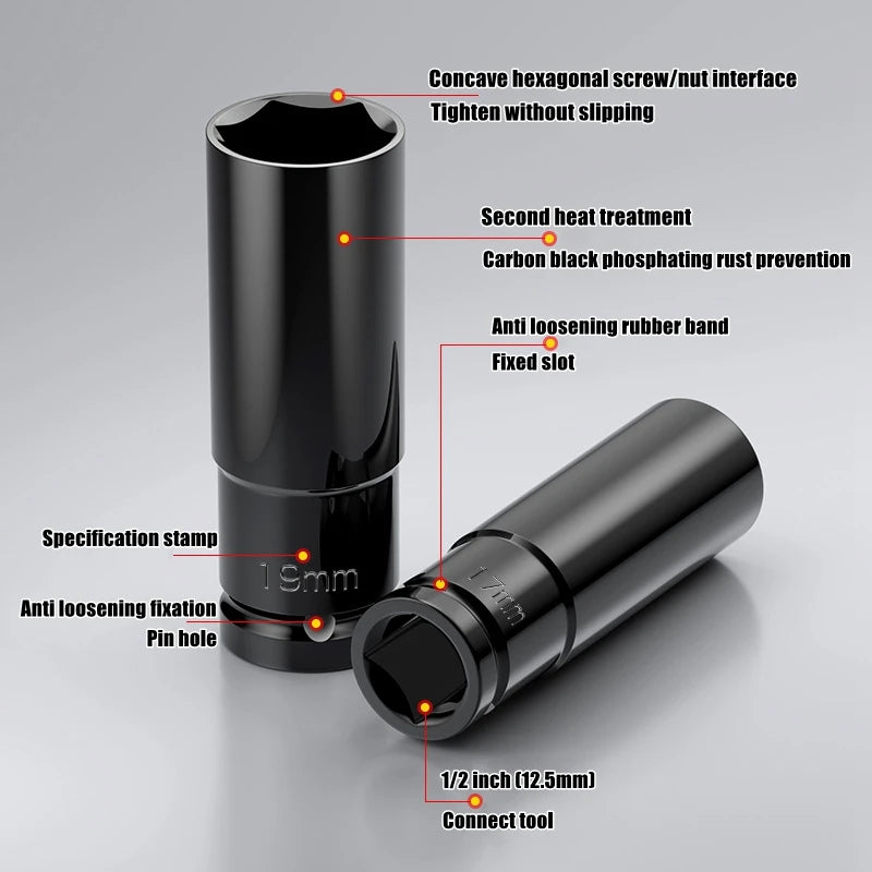 1/2" Drive Deep Impact Socket – Metric Wrench Socket for Pneumatic Tools, Tire Removal & Heavy-Duty Automotive Use