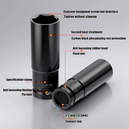 1/2" Drive Deep Impact Socket – Metric Wrench Socket for Pneumatic Tools, Tire Removal & Heavy-Duty Automotive Use