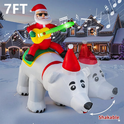 7FT Inflatable Santa Claus Decoration – LED Lights, Riding Bear with Shaking Head, Music & Blow-Up Xmas Party Model
