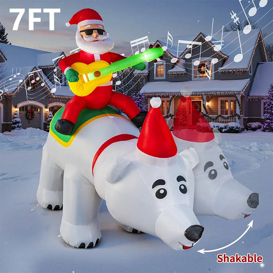 7FT Inflatable Santa Claus Decoration – LED Lights, Riding Bear with Shaking Head, Music & Blow-Up Xmas Party Model