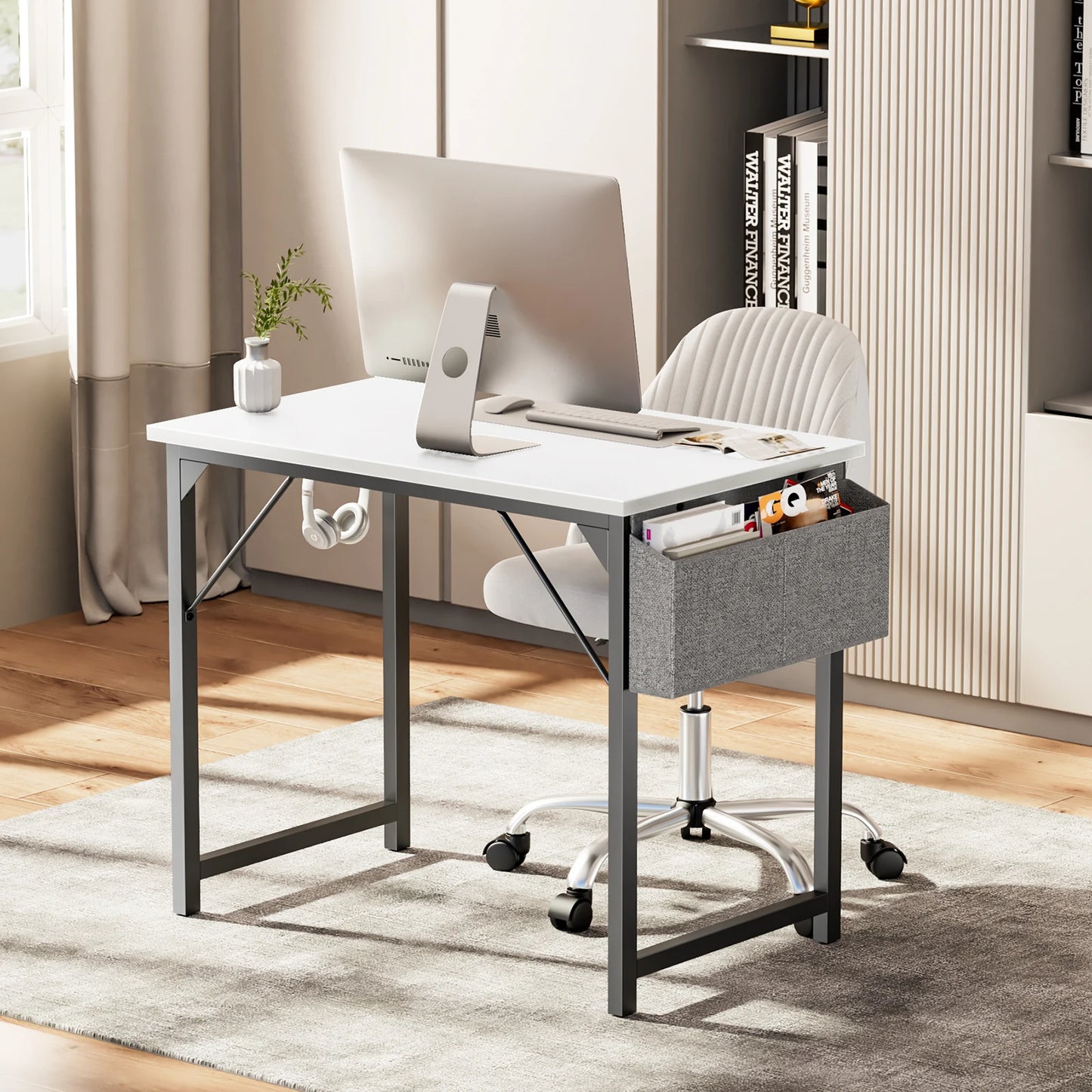 Computer Desk – Modern Compact Writing & Gaming Table with Side Bag, Headphone Hook, Easy Assembly