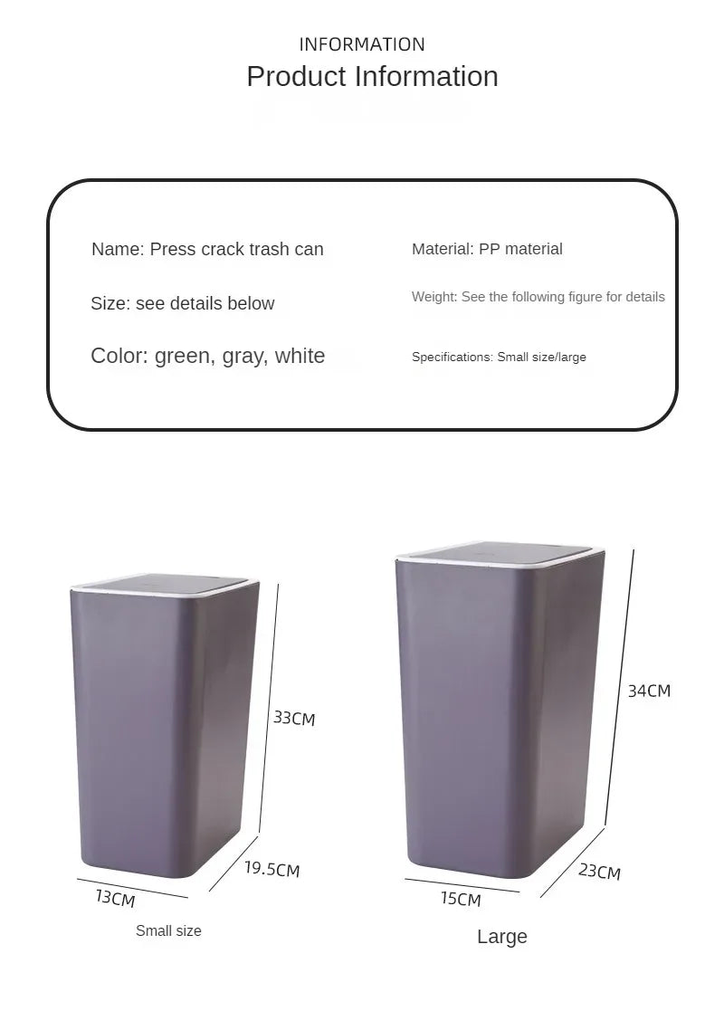 10L Bathroom Trash Can — Small Plastic Wastebasket with Press Top Lid for Toilet, Bedroom & Living Room