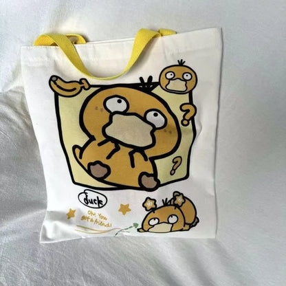 Pokemon Canvas Shoulder Bag - Pikachu Psyduck Squirtle Large Capacity Reusable Casual Handbag for Women Shopping